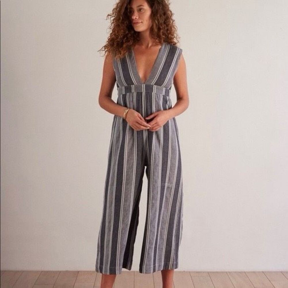 The Odells Paloma Stripe Cotton Jumpsuit in Blue White Small